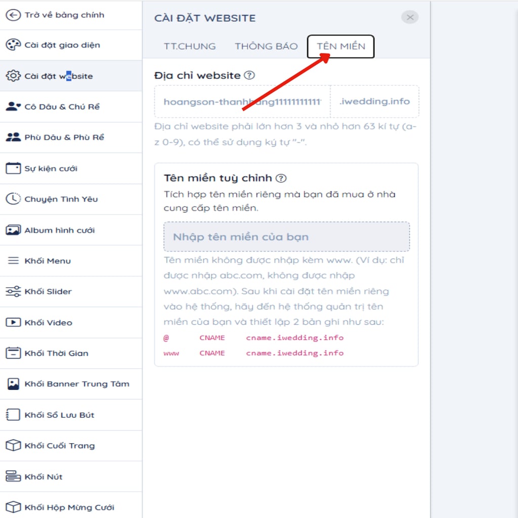 Truy cập vào mục cài đặt địa chỉ website | Thiệp cưới online iWedding!