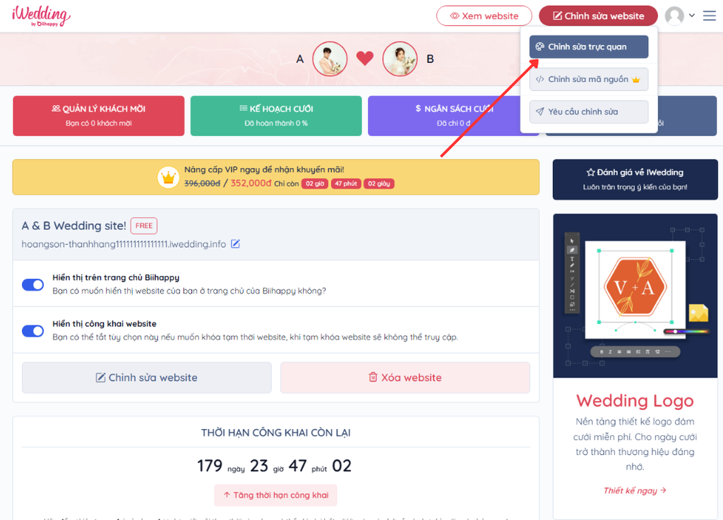 Truy cập vào mục "Chỉnh sửa trực quan" | Thiệp cưới online iWedding!