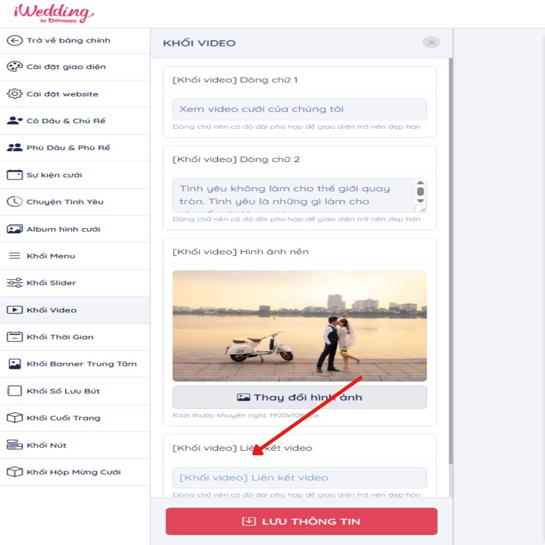 Thay đổi link video ở ô "Liên kết video cưới" | Thiệp cưới online iWedding!