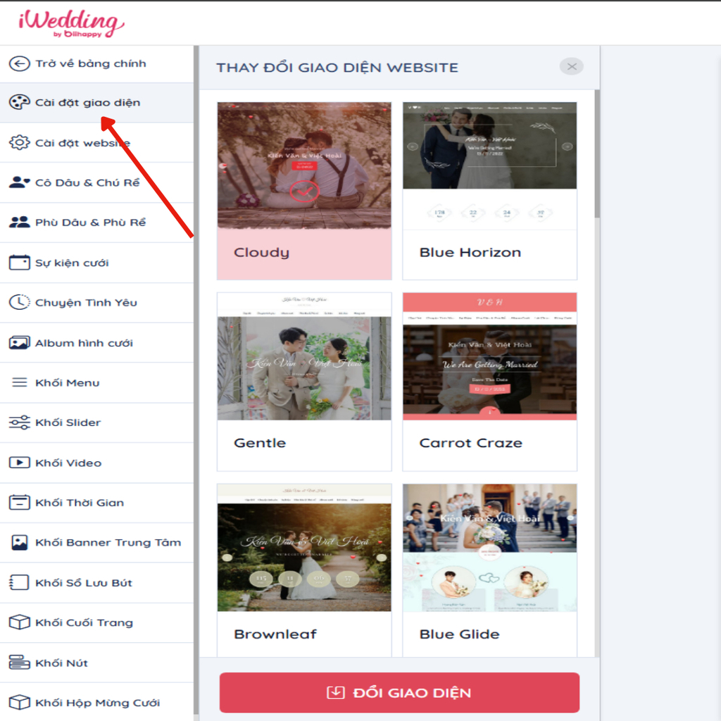 Truy cập mục "cài đặt giao diện" | Thiệp cưới online iWedding!